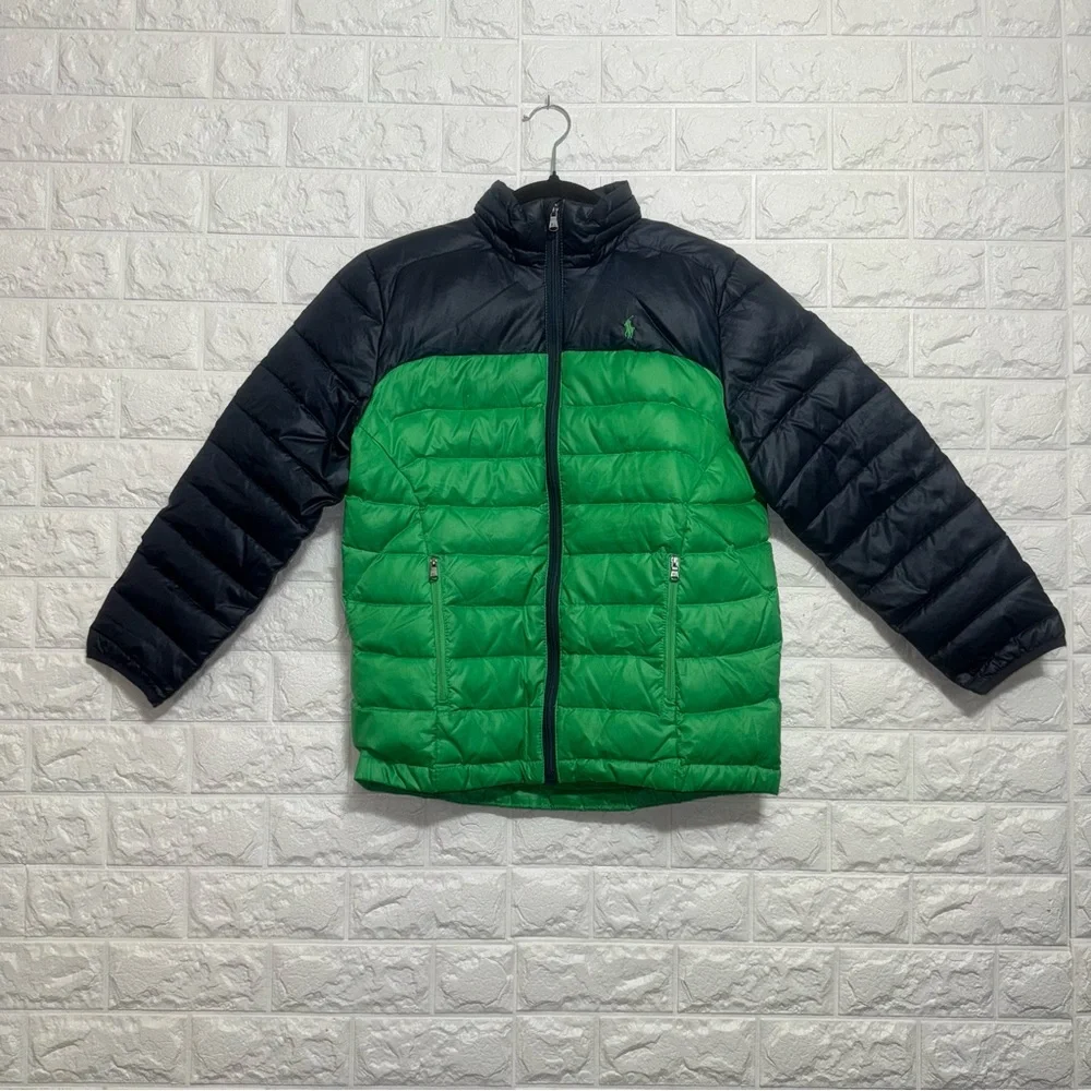 Polo Ralph Lauren Boys Puffer Jacket Green Black Zip Up Size M (10-12) Warm Coat